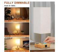 Lámpara de mesa con Atención continua y perilla con Puerto de Carga, equipada para dormitorio, Sala de estar, lámpara de Noche, Pantalla de Tela With BASE DE Veta de Madera with bombilla - details 0