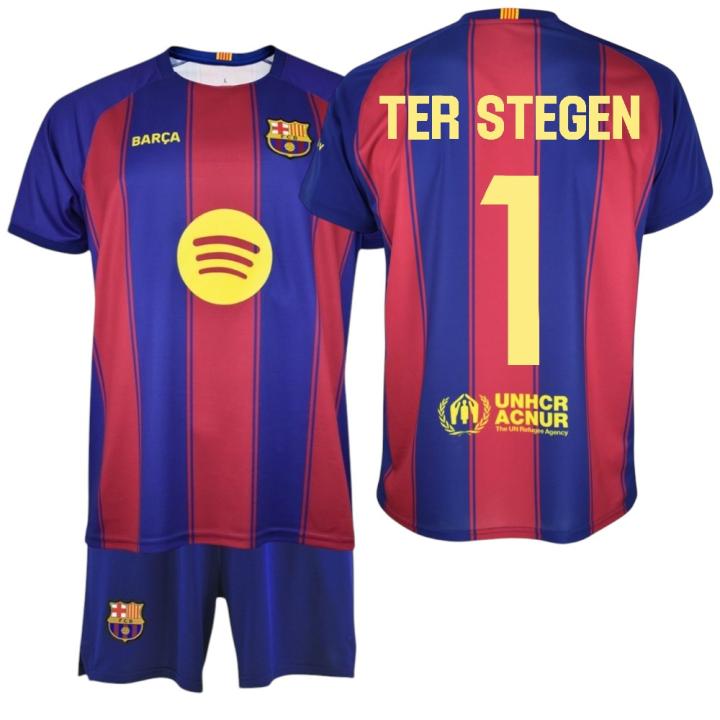 F.C Barcelona - Conjunto Camiseta y Pantalón Niño - Jugador TER STEGEN Nº1 - Diseño Blaugrana Clásico - Escudo Bordado - Tejido Transpirable - Ideal para regalo
