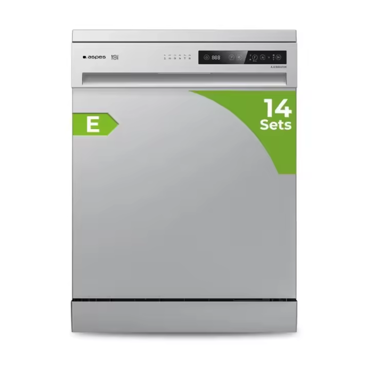 Aspes - Lavavajillas AJ13601EDX de 60 cm, 14 cubiertos, clase energética E y consumo 9 L/ciclo, acero inoxidable antihuellas, silencioso 49 dB - 1