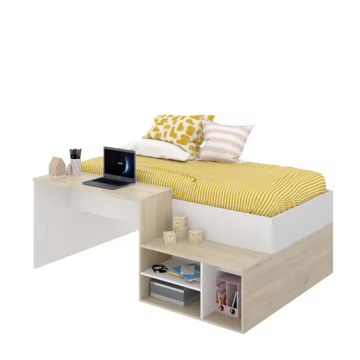 Cama Juvenil con Estantes y Escritorio KRIC Dekit Natural/Blanco - 1
