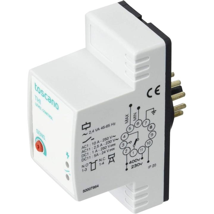 Toscano Control Hidronivel TH1-230/400, Relé de Control de nivel Conductivo, Modo de Control Simple (Pozo o Deposito) mediante 2 Sondas, Sensibilidad ajustable, Alimentación 230/400VAC, Enchufable en Base Undecal