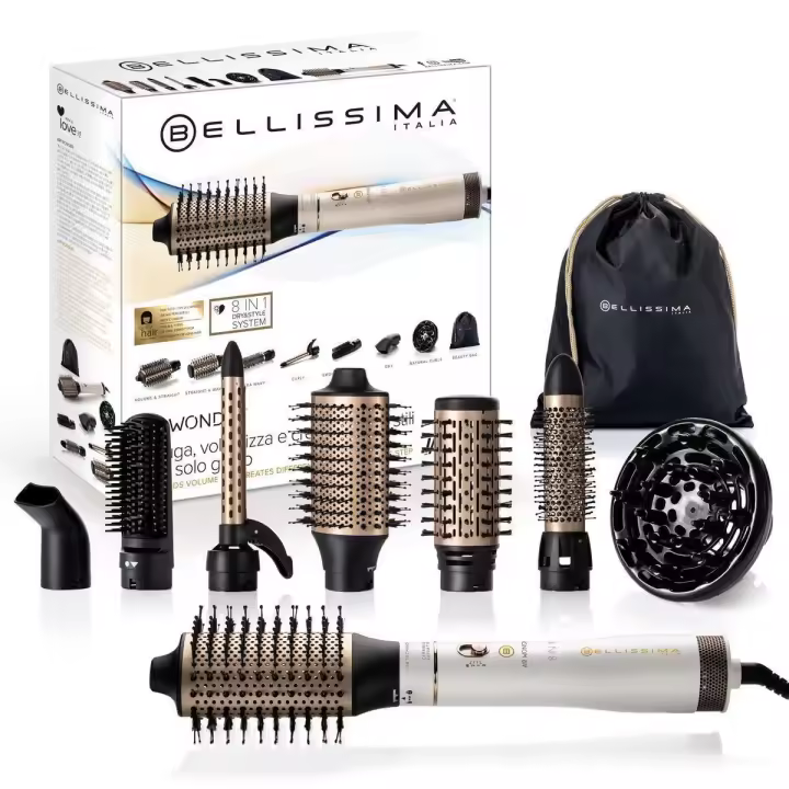 Bellissima Air Wonder - Cepillo de Aire Caliente 8 en 1, Revestimiento de Cerámica y Queratina, Secado y Volumen, 1000W, Accesorios Intercambiables - 1