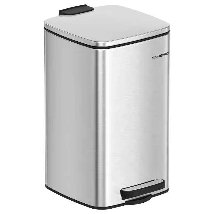 SONGMICS Papelera Baño, Cubo de Basura de Baño, 8 L Cubo Basura Compacta, con Pedal, para Espacios Pequeños, con Tapa de Cierre Suave, Acero, Plata Metálico - 1
