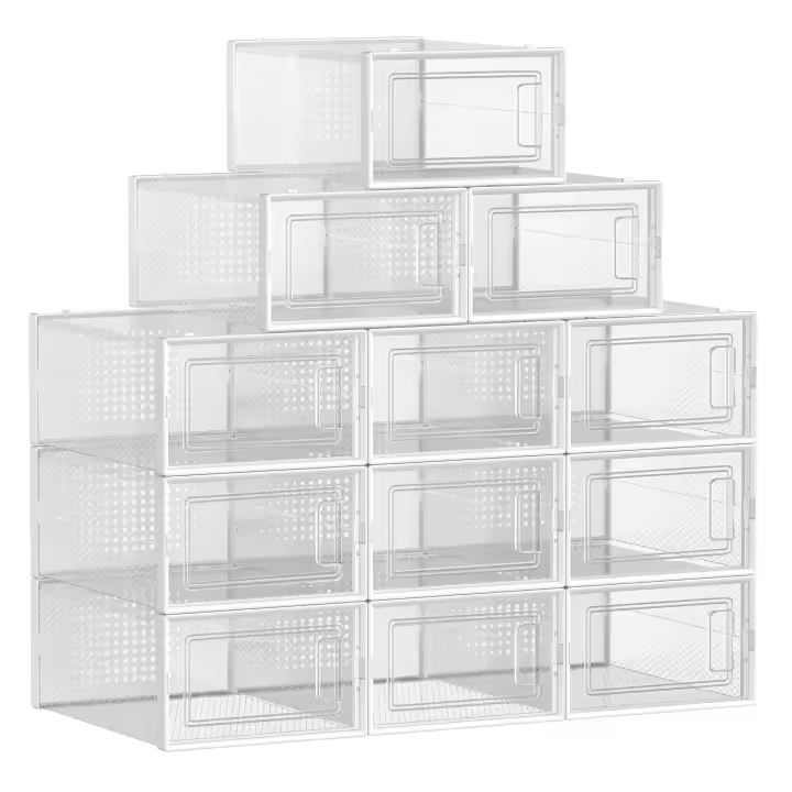 SONGMICS Cajas de Zapatos Plástico, Juego de 12 Organizadores de Almacenamiento, Caja Zapatero Plástico Plegable y Apilable para Zapatillas hasta talla 44, Transparente y Blanco/Transparente y Azul Carbón/Transparente y Verde Laurel - 1