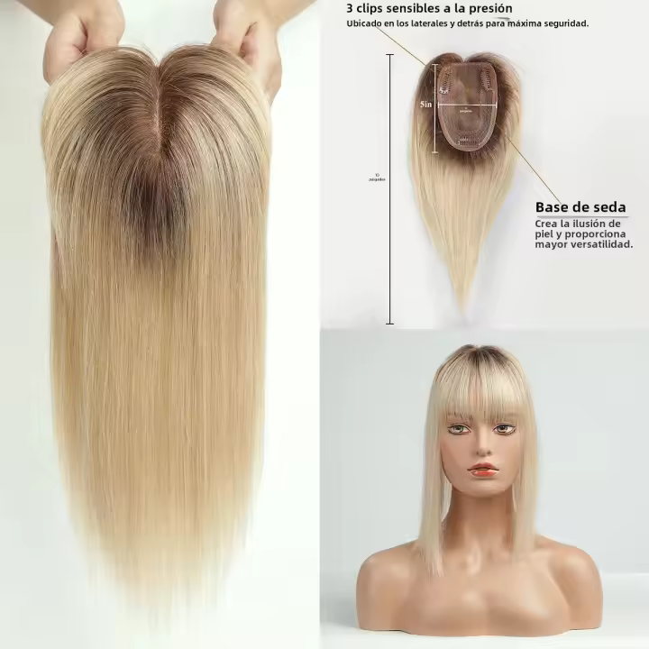Extensiones De Cabello Humano Remi Ombre Rubio Para Mujeres Tope Con Flequillo Base De Seda Clip in Extensión De Cabello Para Mujeres Con Poco Cabello - 1