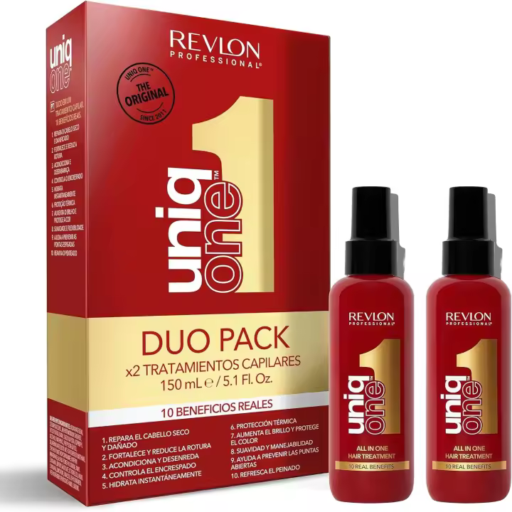 REVLON PROFESSIONAL Uniq One Pack Duo: Protector Térmico y Tratamiento Hidratante sin Aclarado - 2 x 150 ml - Cabello Hermoso y sin Nudos - 1