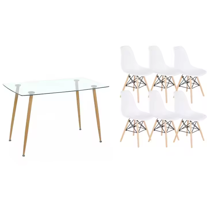 Pack Mesa de Cristal Templado 140CM + 6 Sillas Estilo Nordico Blanco - 1