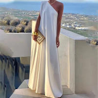 Vestido Largo De Hombro Solo Con Cuello Diagonal Elegante Vestido Sin Mangas A-Line Suave Para Fiesta Casual Verano Largo Vestido De Noche Moda - details 0