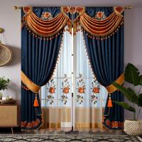 2 Piezas Cortina De Ventana De Lujo Estilo Chino Azul Con Bordado Digital HD Decoración Para Sala De Estar Y Dormitorio - details 1
