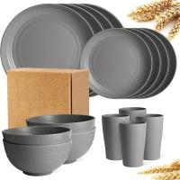 16 piezas de Vajilla de paja de Trigo irruble, juego de Vajilla reutilizable, Luz microonda APA para lavavajillas, platos, tazas, cuencos para camping RV Picni - details 6