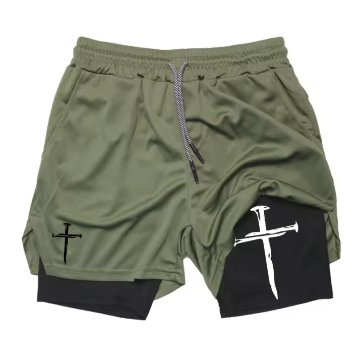 Shorts De Entrenamiento Para Hombre Con Gráfico De Cruz 2 En 1 Running Performance Con Bolsillo Para Teléfono Y Anillo De Toalla Active Wear Polyester - 1