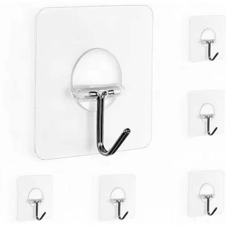 Ganchos adhesivos, sin perforaciones, velcro transparente, ganchos de cocina, ganchos para ropa, ganchos de plástico, impermeables, extraíbles, aptos para cocina, baño, 6 piezas - 1