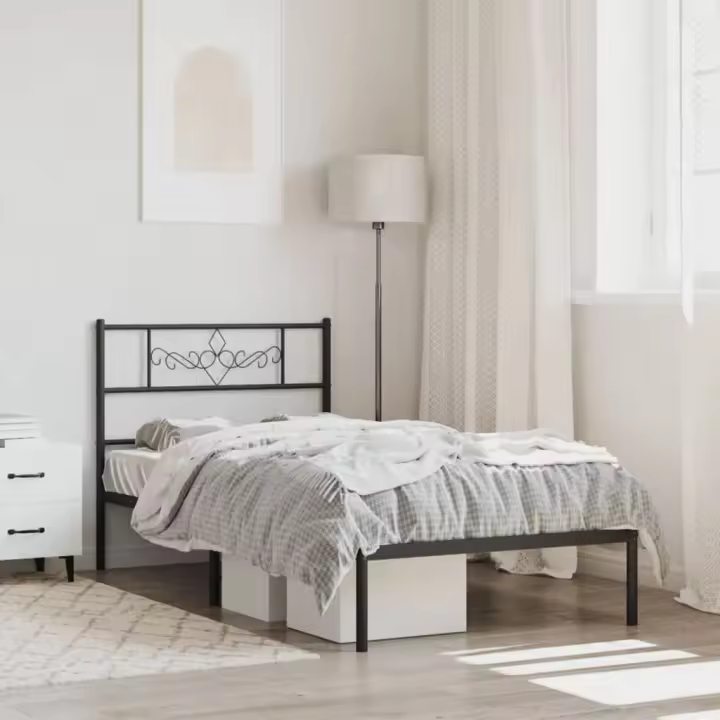 Estructura cama sin colchón con cabecero metal negro 80x200 cm - 1