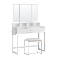 Tocador con espejo triple, taburete acolchado incluido, soporte para secador, con 3 cajones, mesa de maquillaje, varios colores - details 0