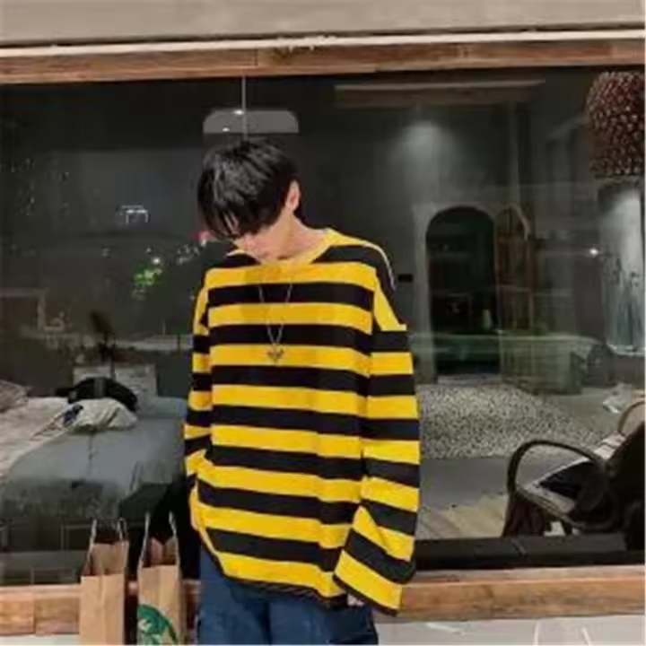 Camiseta De Hombre Con Rayas 2023 Moda Otoño Hip Hop Coreano Tops Casuales Ulzzang Blancas Manga Larga Estilo Coreano - 1