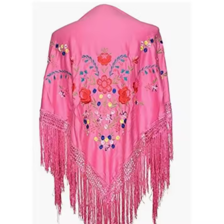 ANUKA Mantón Flamenco Triangular 175x75cm Rosa Bordado Flores Multicolor - 1