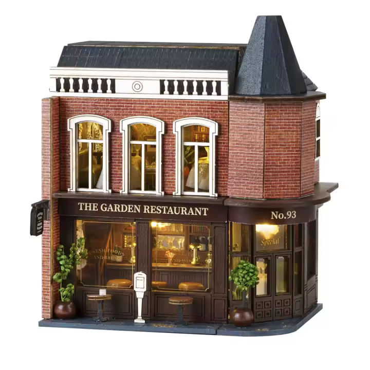 DAM. Restaurante Garden. Maqueta 3D con diseño de panel de puerta abierta, realista con gran detalle y luces led. 10x7x12cm. - 1