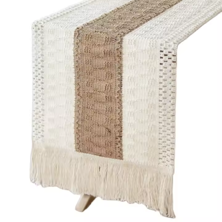 Corredor De Mesa De Lino Splicing En Estilo Boho Y Moderno Para Decoración De Casa Rústica Con Encaje De Algodón Tejido - 1