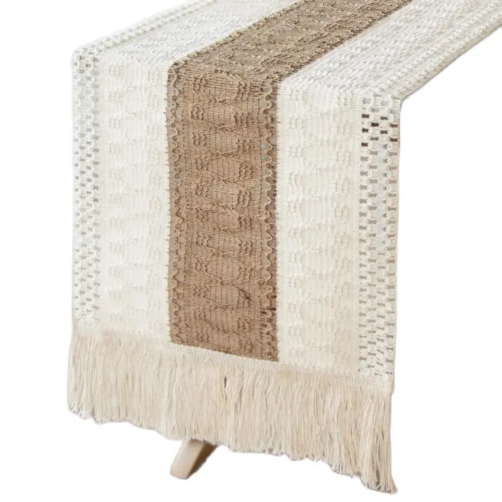 Corredor De Mesa De Lino Splicing En Estilo Boho Y Moderno Para Decoración De Casa Rústica Con Encaje De Algodón Tejido - 1