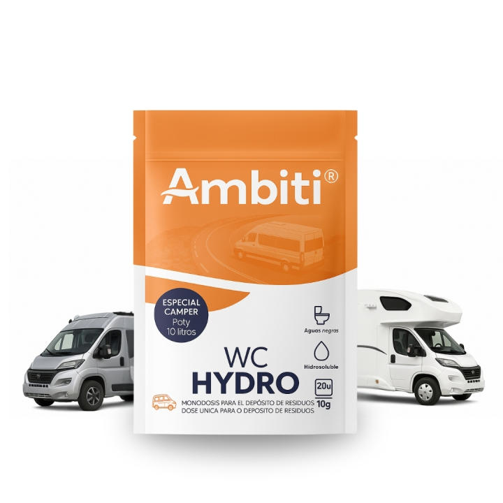 Ambiti | WC Hydro Camper | Monodosis Hidrosolubles para Depósito de Residuos de Autocaravanas, Caravanas y Campers| Elimina Deshechos Orgánicos| Fragancia Piña colada| 20 dosisx 10 g/unidad