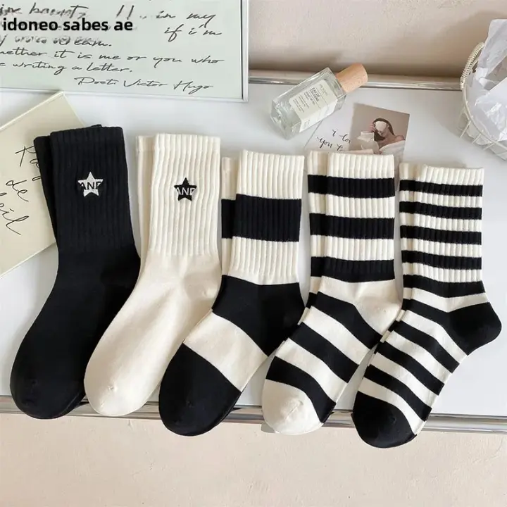 Juego De 5 Pares De Calcetines De Mujer Estilo Minimalista Bordados Con Pentagrama En Blanco Y Negro Calcetines Deportivos De Algodón - 1