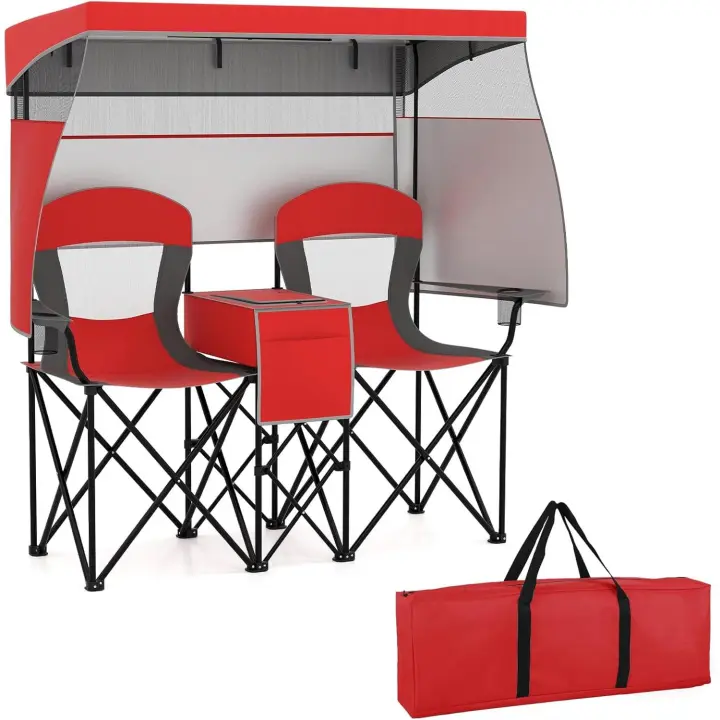 COSTWAY Sillas Plegables Camping Doble, Toldo Ajustable, Bolsa Nevera - 1