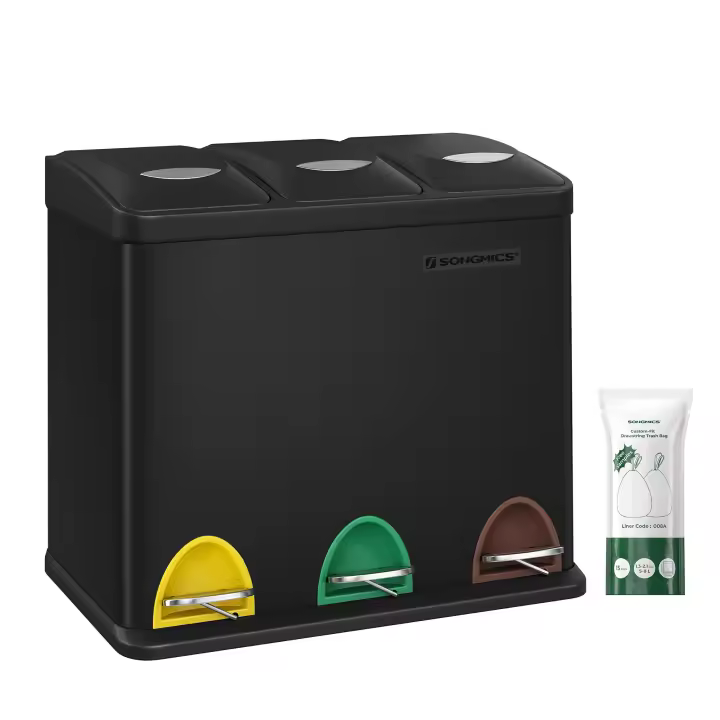 SONGMICS - Papelera de cocina, 3 x 8 L, con tapas, basura triple de acero para pequeñas familias, pedales y cuartos, fácil de limpiar, Plata y Negro/Blanco Crema y Marrón/Blanco Crema y Marrón/Negro/Blanco y Gris - 1