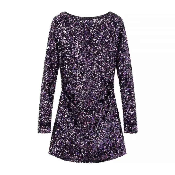 Vestido Corto De Mujer PB&ZA Primavera 2024 Elegante Y Versátil Con Decoración De Lentejuelas Cuello Redondo Espalda Abierta Estilo Casual - 1