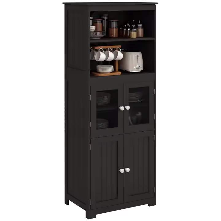 HOMCOM Alacena de Cocina Aparador de Comedor Armario de Cocina con 4 Puertas 2 Estantes Abiertos y Estante Ajustable para Salón 60x30x162 cm Negro - 1