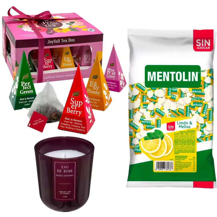 Pack surtido: MENTOLIN LIMON MELISA S/A BOLSA 1KG + Vela perfumada en vidrio rosa de silicona 170 g + Caja de Té Joyfull con variedad de sabores - 1