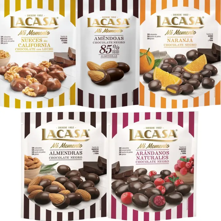 Lacasa Mi Momento pack de 5:Almendra 85% 65G,Arándano choco Negro 125G,Nueces Leche 115G,Almendra choco Negro 125G,Naranja choco Negro 125G - 1