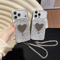 Funda De Teléfono Brillante Con Corazón Y Cordón Para iPhone 17 pro Max 16 Con Soporte Espejo Y Correa Protectora De Material TPU Diseño De Amor - details 0