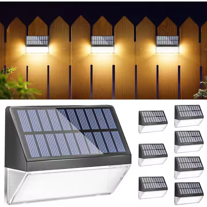 Paquete de 8 luces solares para cerca al aire libre, luces solares para cerca, luces de cerca de colores cálidos, azul solar, paquete de 8, luces solares amarillas para cerca/escalones/cubierta/patio - 1
