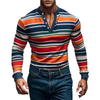 Camiseta de manga larga Henry holgada informal con cuello redondo y rayas coloridas para hombre, estilo americano, otoño e invierno, nueva - details 33