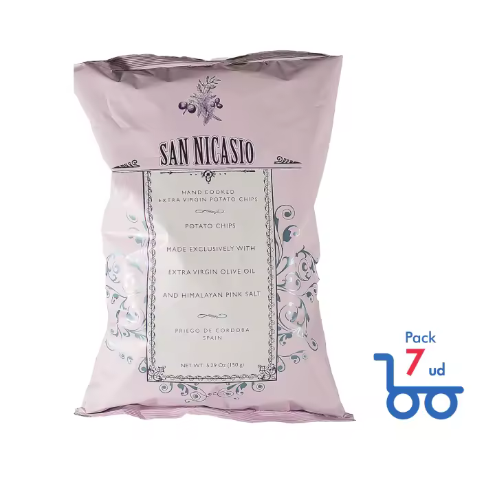 [Pack 7 ud] San Nicasio Patatas Fritas en Aceite de Oliva Virgen Extra con Sal Rosa del Himalaya Bolsa 150 g - 1