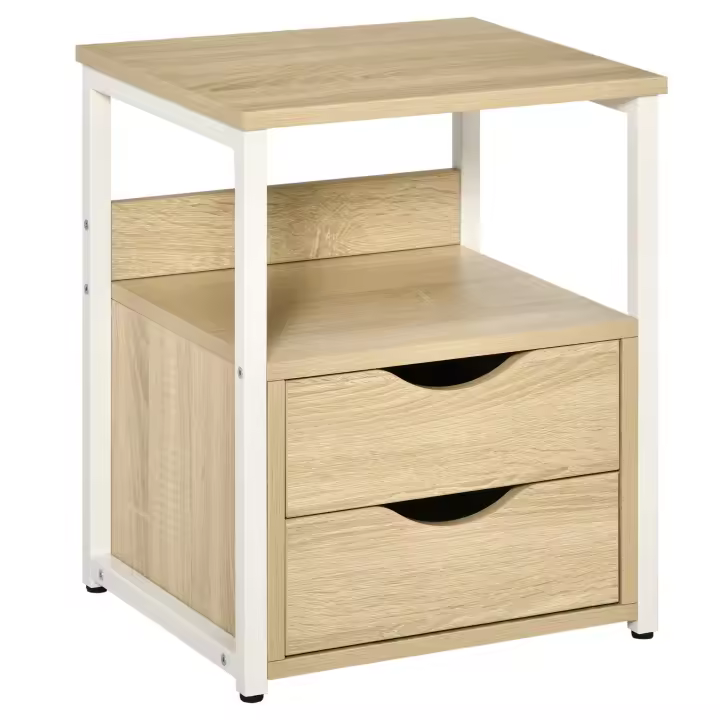 HOMCOM Mesa Auxiliar con 2 Cajones y Estantes de Almacenamiento Mesita de Noche con Marco de Metal para Salón Dormitorio 40x35x49 cm Natural - 1