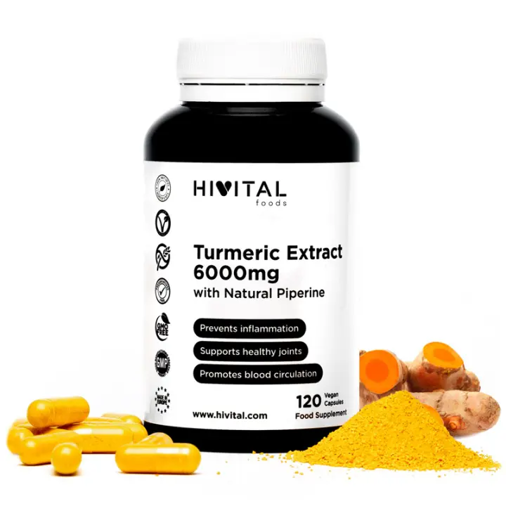 Cúrcuma 6000 mg, Extracto al 95% con Pimienta Negra  120 cápsulas vegetales. Hivital - 1