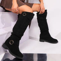 Botas De Rodilla Altas Cómodas Y Elegantes Con Diseño Redondo Y Hebilla Cierre Fácil Para Mujer Estilizada Con Forro De Peluche Material De La Parte Superior De Terciopelo Suave Para Uso Casual - details 1