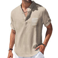 Camisa De Algodón Y Lino Para Hombres Verano Cuello Henry Camiseta Casual Manga Corta Ropa Masculina Transpirable Y Ligera - details 7