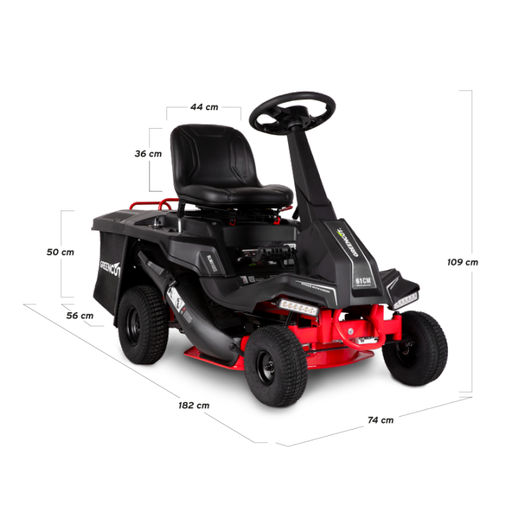 Greencut RLM610XE – Tractor cortacésped con motor de gasolina 4 tiempos de 224 cc y 5,9 CV, arranque eléctrico, corte rotativo de 610 mm, altura regulable en 5 posiciones, tracción trasera, cuchilla de doble filo afilable, modos de corte con mulching, des