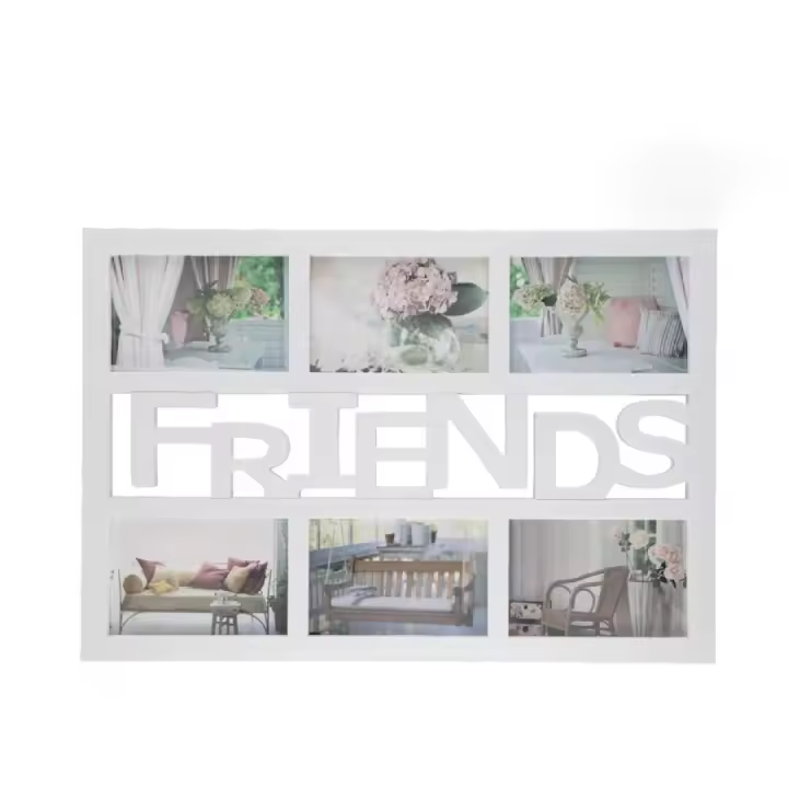 "GISSED - Portarretratos Múltiple en Color Blanco con Diseño ‘FRIENDS’ – Marco Decorativo para 6 Fotos – Ideal para Personalizar Espacios con Recuerdos – Estilo Moderno y Elegante para Hogar, Oficinas y Regalos – Material Resistente y Duradero – 48x33x1.8 - 1