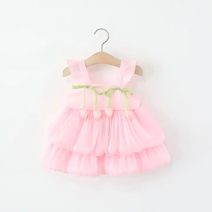 Vestido De Princesa Para Bebé Niña 0-3 Años Vestimenta Veraniega Dulce Con Tul Sin Mangas Adecuado Para Bodas Y Fiestas - 1