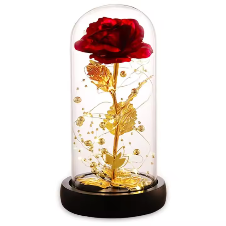 Rosa Bella y Bestia Rosa Eterna, Regalo Mujer Flores Artificiales con Luces LED, Flor Artificial de Lámina de Oro con Hojas Caídas, Regalos Originales para Mama Novia Cumpleaños Aniversario - 1