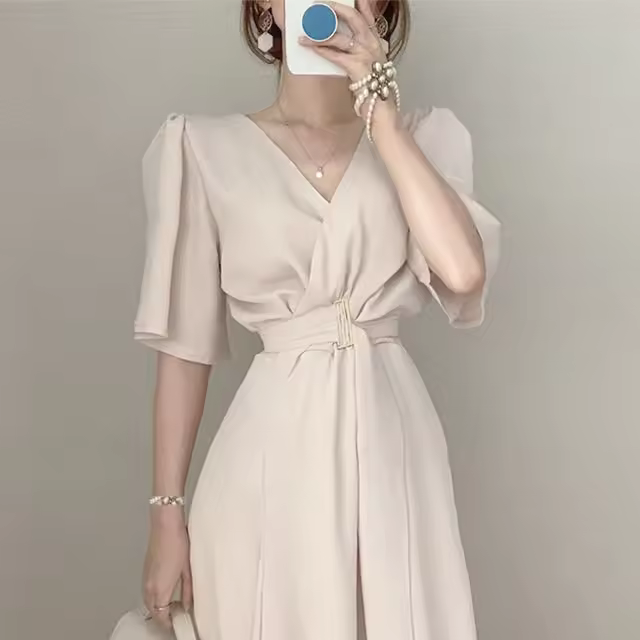 Vestido REALEFT Para Mujer Verano Otoño Manga Acolchada V-Neck Cinturón Frontal Cruzado Elegante Casual A-Line Midi Para Oficina - 1