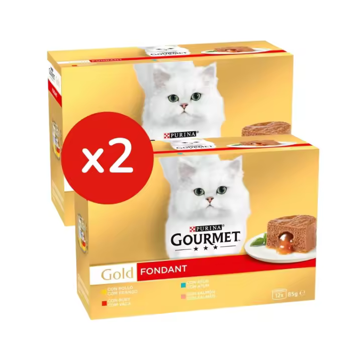 GOURMET - Gold (24x85 gr) - Fondant Multipack sabores (Pollo, Buey, Atún y Salmón) (2 Cajas de 12x85 gr) - 1