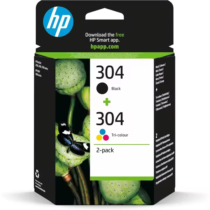 HP 304 3JB05AE Negro + Color Tricolor (Pack de 2), Cartuchos de Tinta Originales, Compatible con Impresoras de Inyección de Tinta Ink Jet HP DeskJet 2620, 2630, 3720, 3730, 3750, 3760; HP Envy 5010, 5020, 5030 - 1