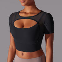 Camiseta de manga corta para Yoga, Top Sexy de Doble Capa, ropa de Malla empalmada, Sujetador Deportivo para correr y Fitness, Color sólido, Mujer - details 22