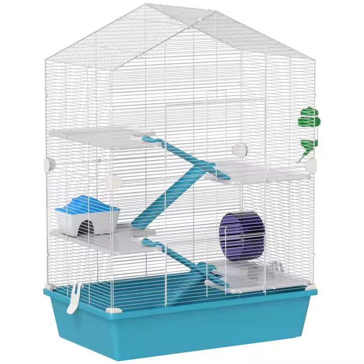 PawHut Jaula para Hámster de 5 Niveles Casa para Animales Pequeños con Plataformas Cuenco Bebedero Casita Rampas y Rueda de Ejercicio 58x36x81 cm Azul Claro - 1