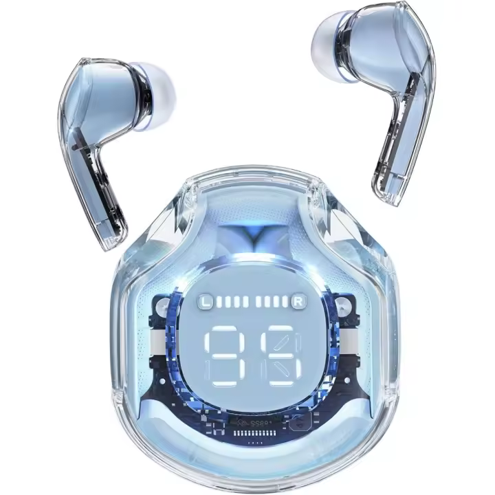 PORCHEDDU Auriculares inalámbricos transparentes with Pantalla LED y cancelación de ruido-Transparente y Azul - 1
