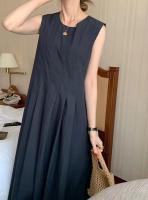 Vestido A-Line Sin Mangas Para Mujer REALEFT Verano 2024 Estilo Coreano Casual Con Bolsillos Cuello O Largo Hasta La Rodilla Polyester - details 1
